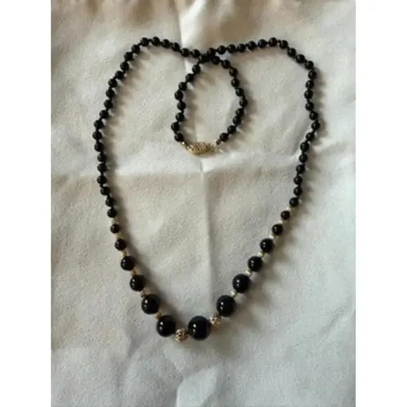 Vintage Black Onyx & 14k Gold Beaded Necklace - Picture 1 of 6